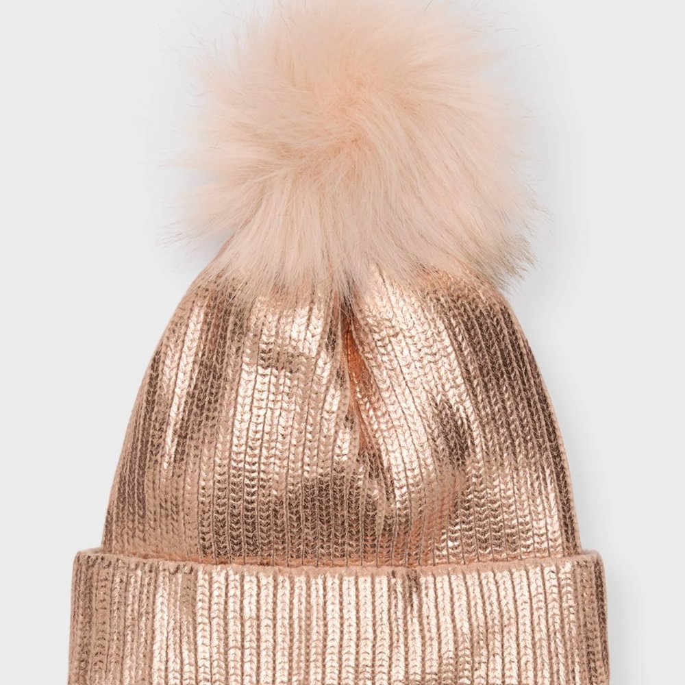 Adriane Landau Metallic Beanie With Fur Pom Rose Gold